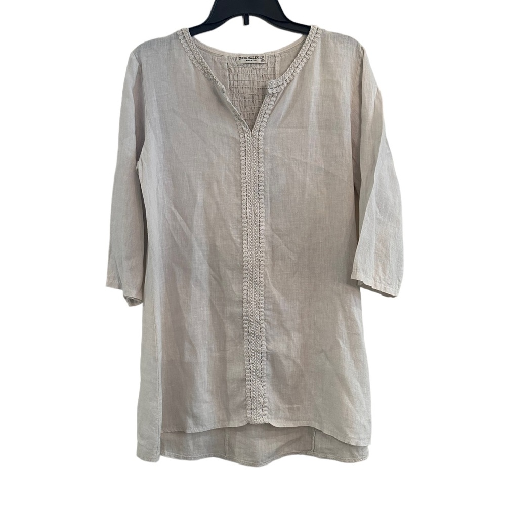 Terzo Millenno Linen Women’s Cream Casual Oatmeal V Neck Tunic Top Blouse Small